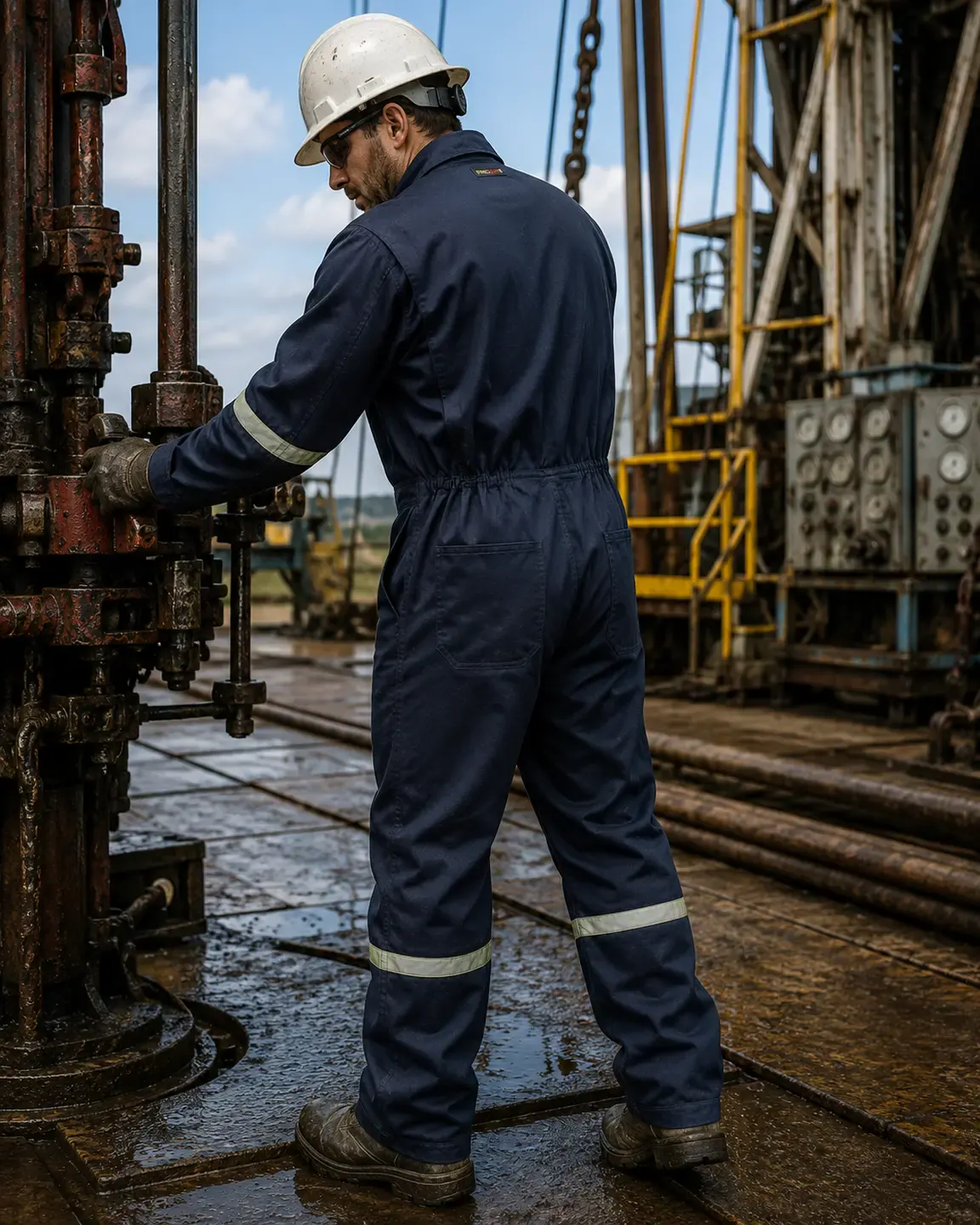 Summit Performance® 100% FR Cotton Coverall — Navy — Worn