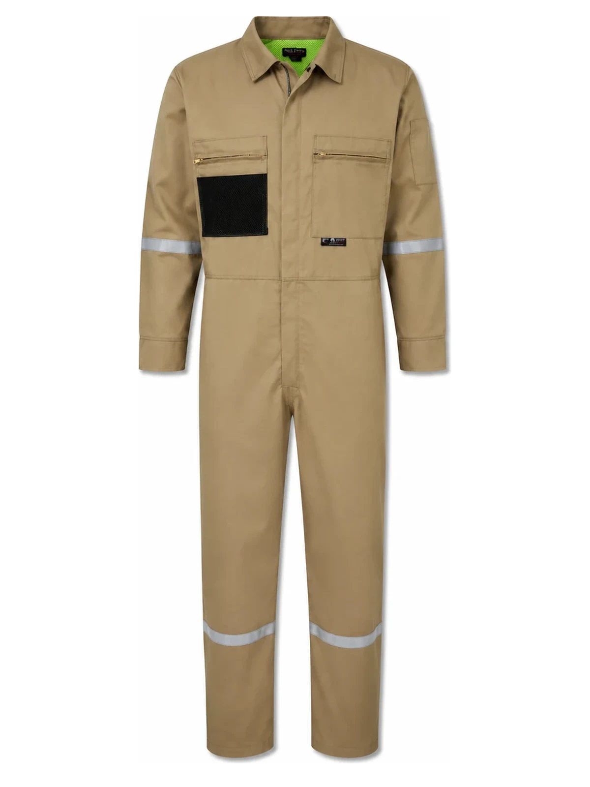 Summit Breeze® FR Vented Coverall — 7 oz. 100% FR Cotton, Silver Reflective Tape, Tan — front view